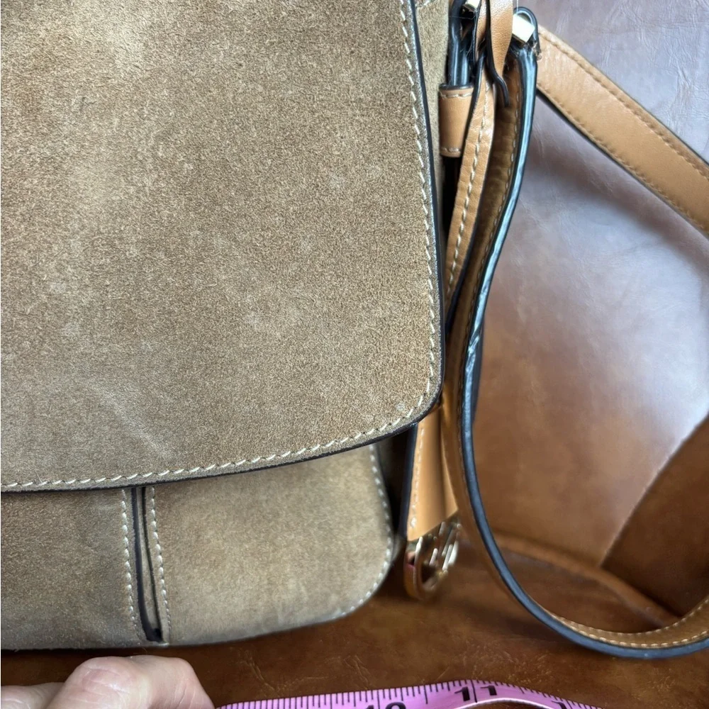 Michael Kors Romy Medium Suede Satchel Crossbody Bag Taupe Tan Leather